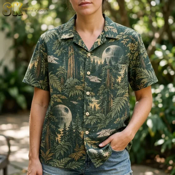A woman wearing a star wars tropical shirt stands in a lush garden, with the chest pocket, camp collar, and a close view of the Death Star and fern motifs all clearly visible.