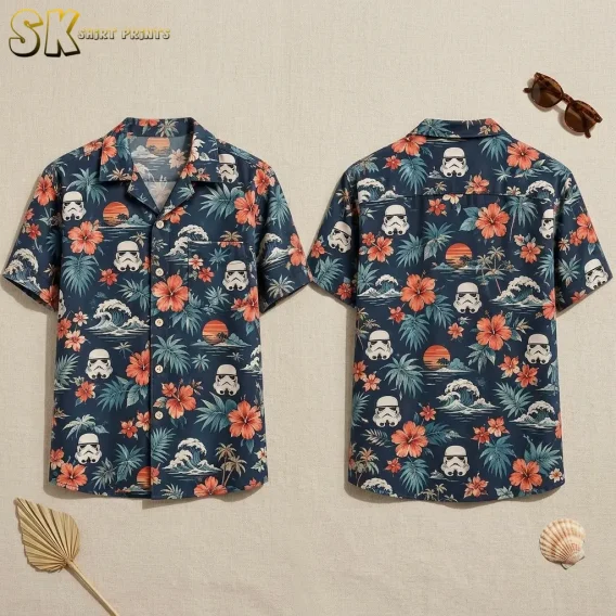 Both the front and back of a navy stormtrooper hawaiian shirt laid flat, showing the all-over pattern of white helmet heads, orange hibiscus flowers, ocean waves, and palm trees.