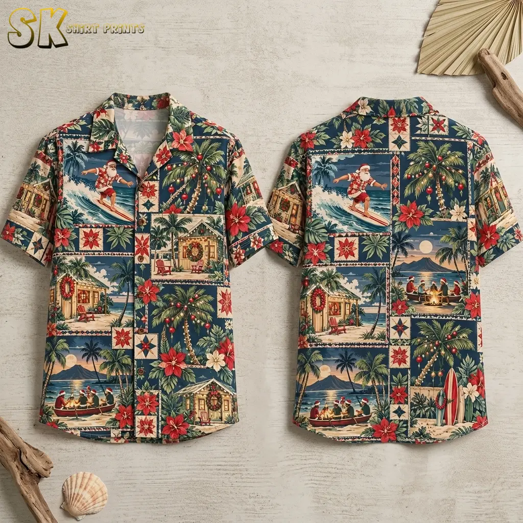 Front and back of a navy Christmas Santa Hawaiian shirt displayed on a pale surface beside shells and driftwood.