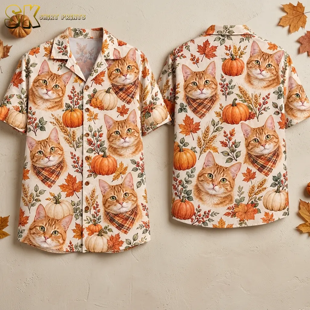 Front and back of a cream button-up shirt display orange tabby cats, pumpkins, and fall leaves against a beige background.