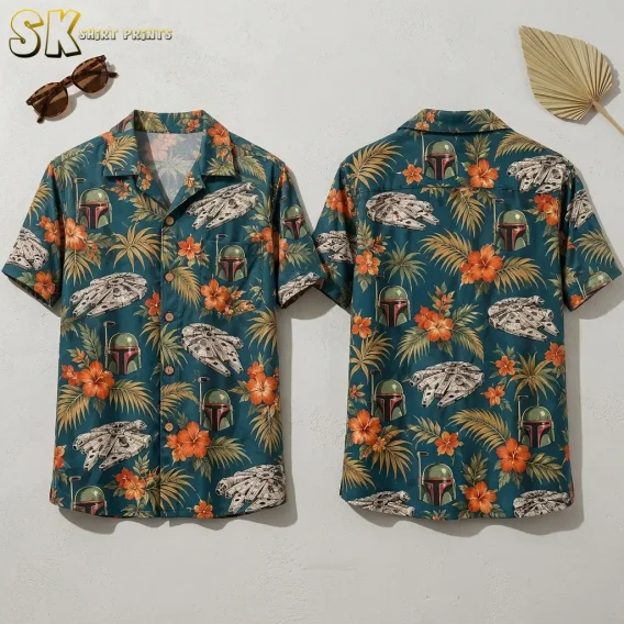 Front and back of a star wars hawaiian shirt displayed flat on a white surface, showing the all-over repeating pattern of gray spaceships, green helmets, orange hibiscus flowers, and tropical palm leaves on a deep teal base.