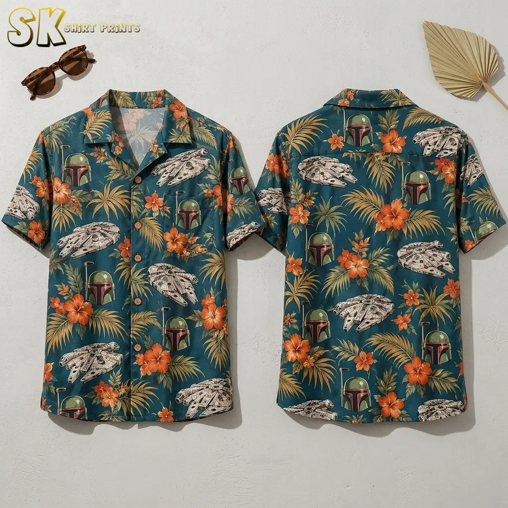 Front and back of a star wars hawaiian shirt displayed flat on a white surface, showing the all-over repeating pattern of gray spaceships, green helmets, orange hibiscus flowers, and tropical palm leaves on a deep teal base.