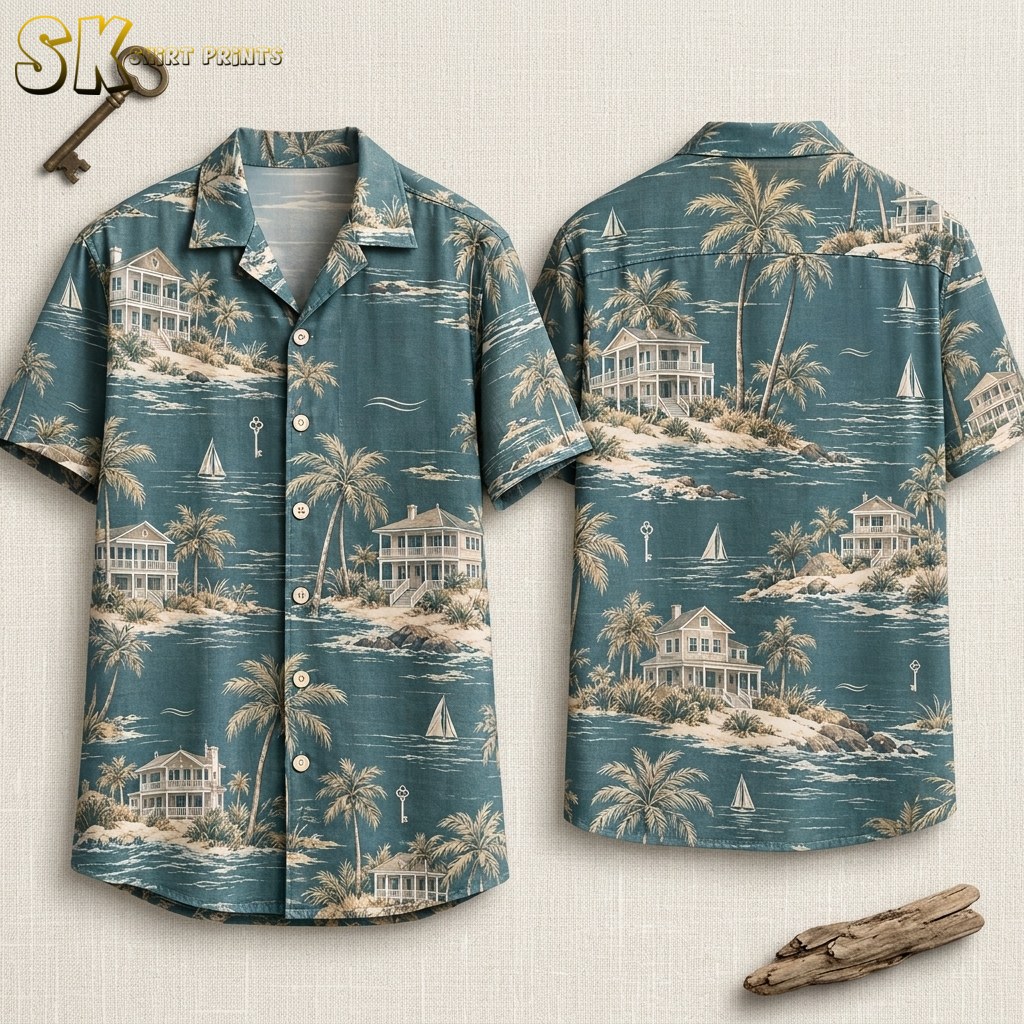 Both the front and back of a teal Hawaiian shirt are laid flat, showing the all-over coastal print of Victorian beach houses, leaning palm trees, sailboats, and small floating keys in beige and cream tones.