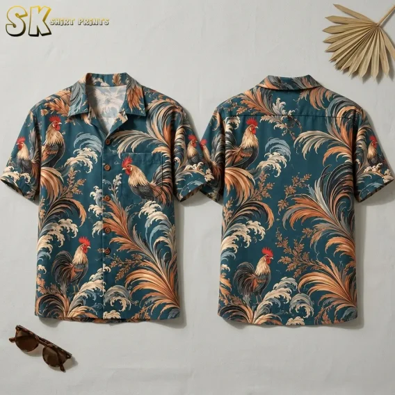 Front and back of a teal rooster Hawaiian shirt displayed side by side on a light background with sunglasses nearby.