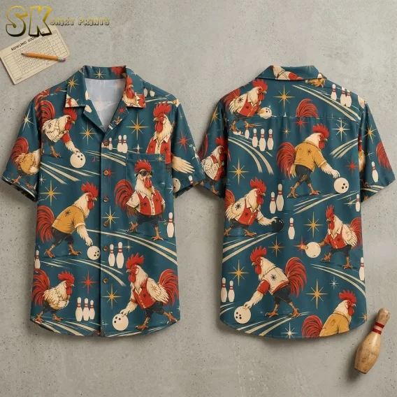 A teal rooster Hawaiian shirt is laid out front and back on a gray surface, showing bowling roosters and colorful starbursts.