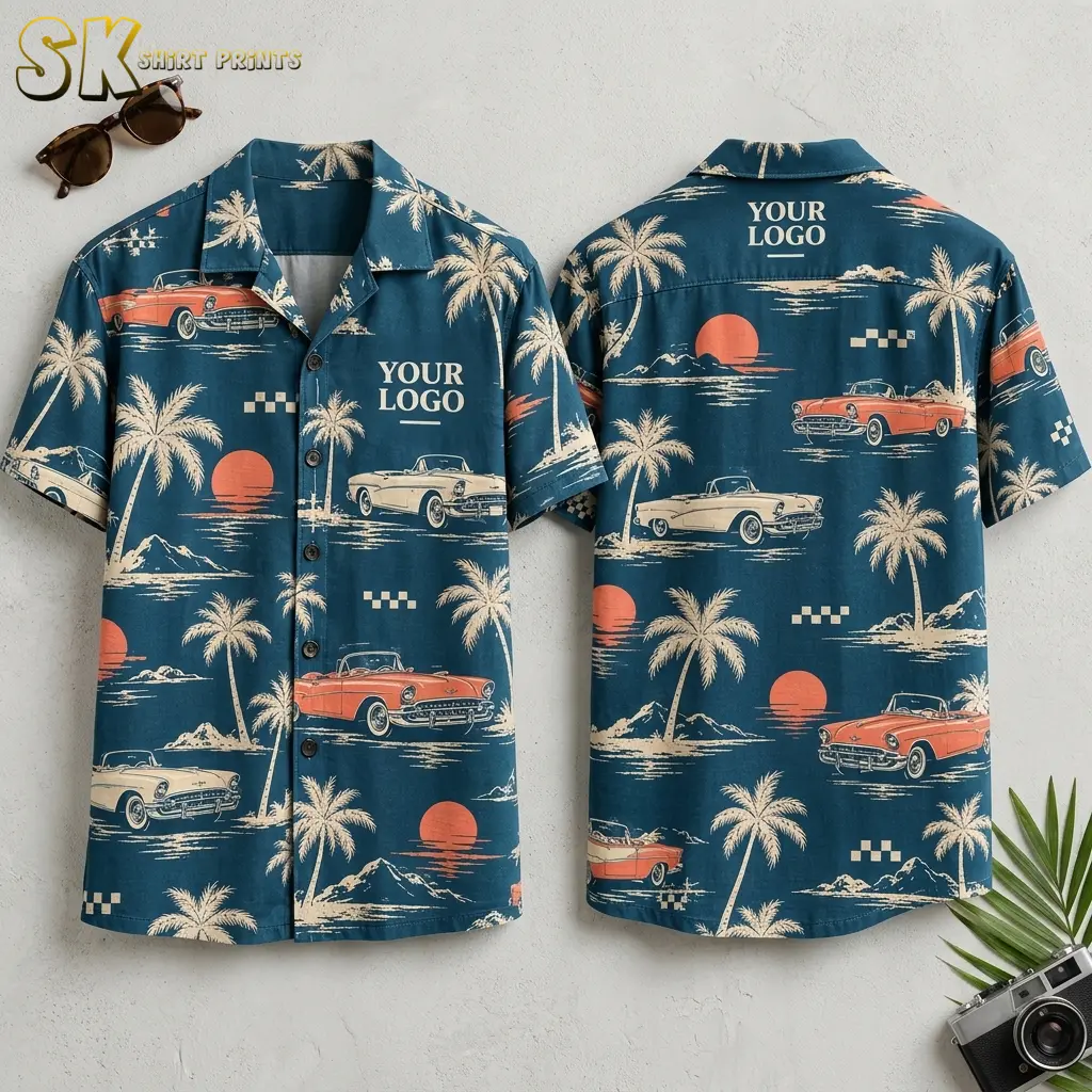 Both sides of a dark teal custom Hawaiian shirt with company logo placement shown, featuring repeating vintage convertible cars, palm trees, and sunset scenes in cream and red-orange tones.