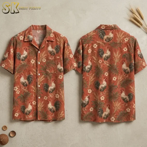 Front and back of a terracotta rooster Hawaiian shirt laid side by side on a light surface, showing its botanical print.