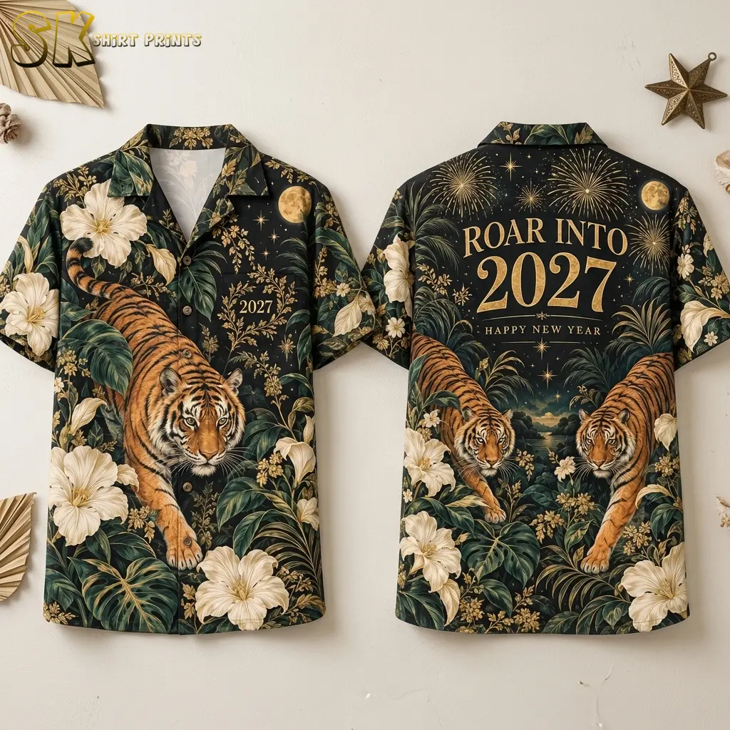 Front and back of a black tiger-print button-up shirt against a light wall, with gold “ROAR INTO 2027” lettering on the back.