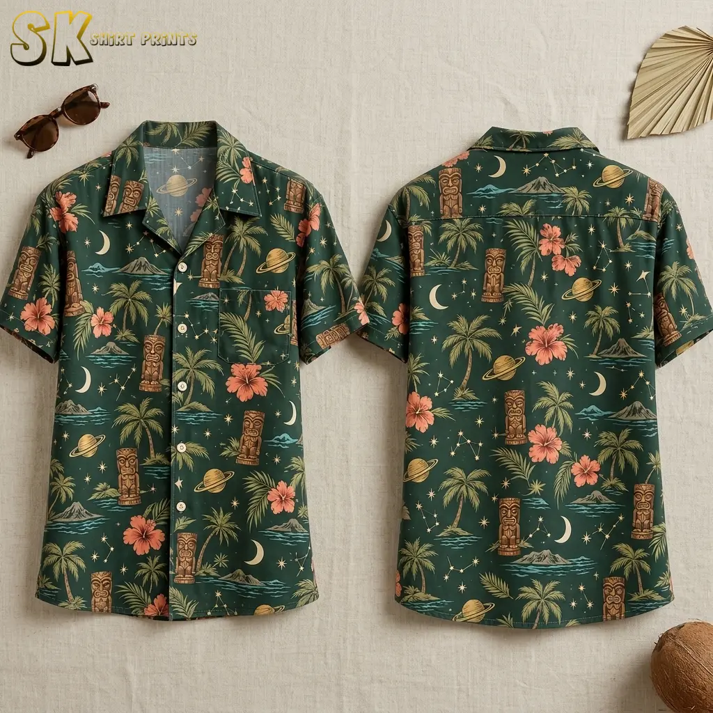 Front and back views of a dark green Hawaiian shirt laid flat, showing tiki statues, palm trees, hibiscus flowers, crescent moons, and Saturn-like planets repeated across the fabric.