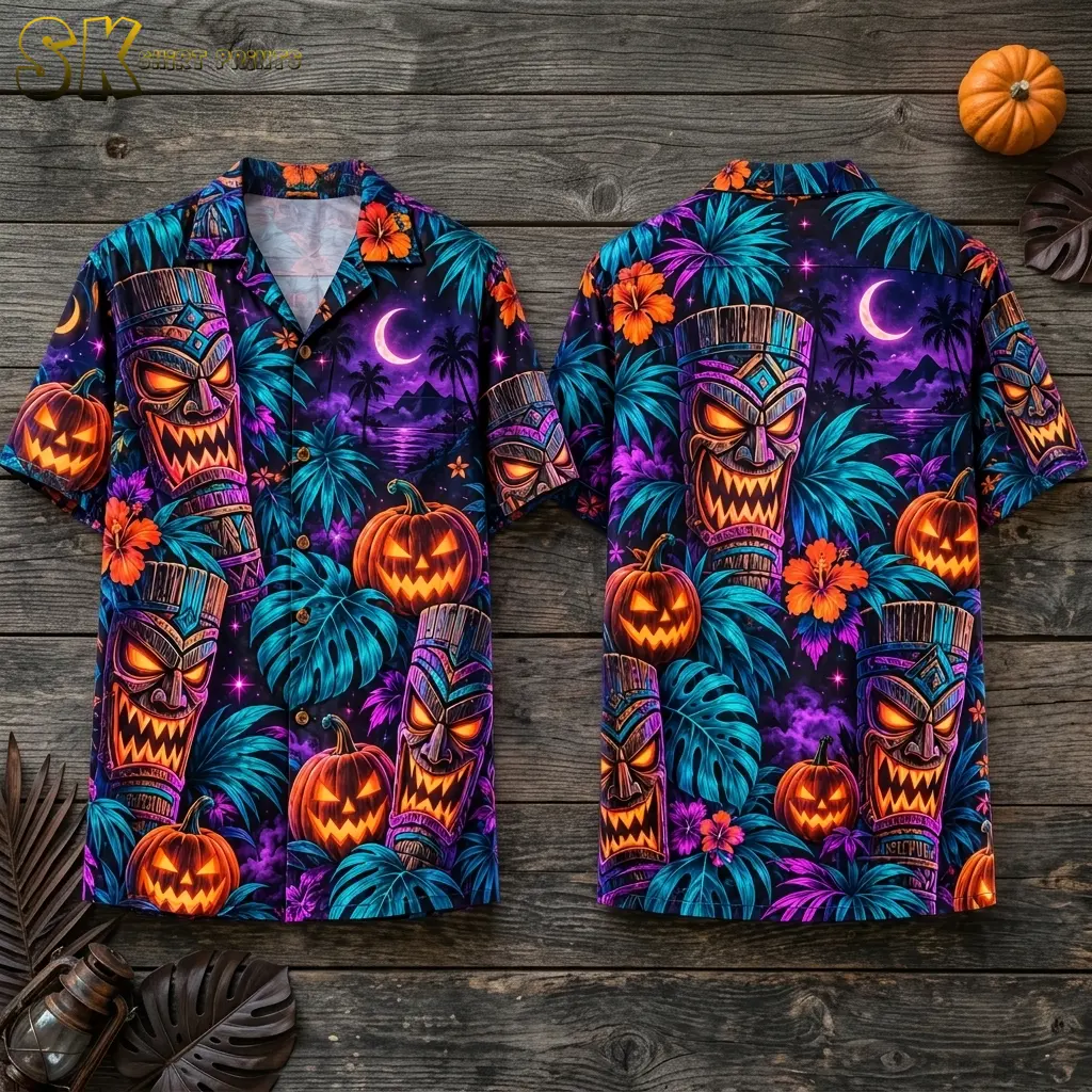 Front and back of a Halloween tiki shirt laid on wooden boards, showing orange jack-o'-lanterns and turquoise foliage.