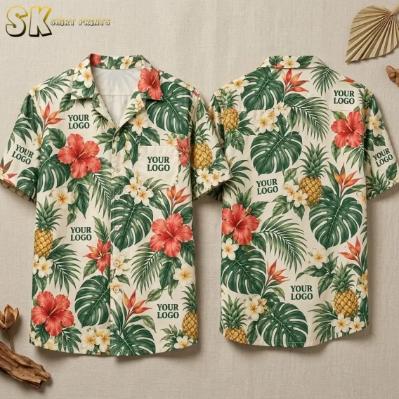 Both sides of a cream custom Hawaiian shirt with company logo text printed repeatedly among red hibiscus, monstera leaves, and yellow pineapples, displayed flat against a neutral background.