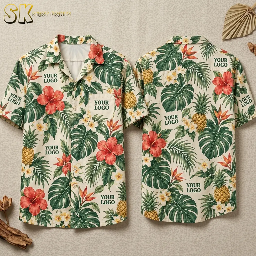Both sides of a cream custom Hawaiian shirt with company logo text printed repeatedly among red hibiscus, monstera leaves, and yellow pineapples, displayed flat against a neutral background.