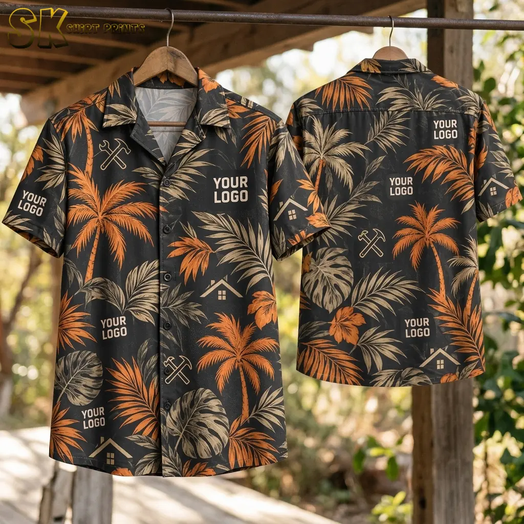 Two versions of the black tropical shirt hang side by side on a wooden rack outdoors — front facing left and back facing right — showing the full repeat of the orange palm tree print and distributed 'YOUR LOGO' text placements.