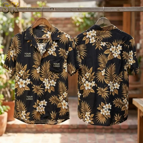 Front and back of a black company logo Hawaiian shirt hang side by side on a wooden rack outdoors, displaying the dense golden palm leaf and white floral all-over print with 'YOUR LOGO' text on the front panels.