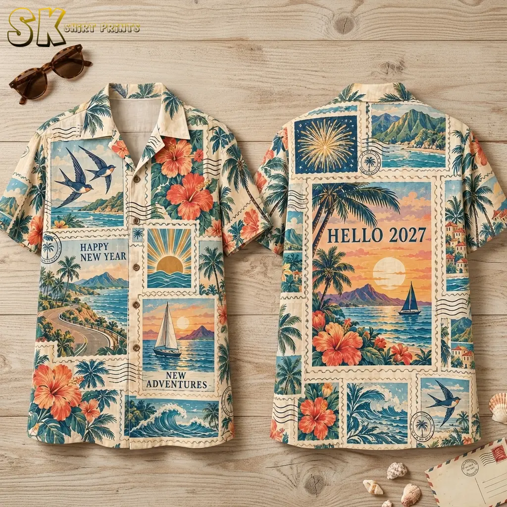 Front and back of a beige tropical stamp-print shirt laid on wood, with hibiscus flowers and a large “HELLO 2027” sunset panel.
