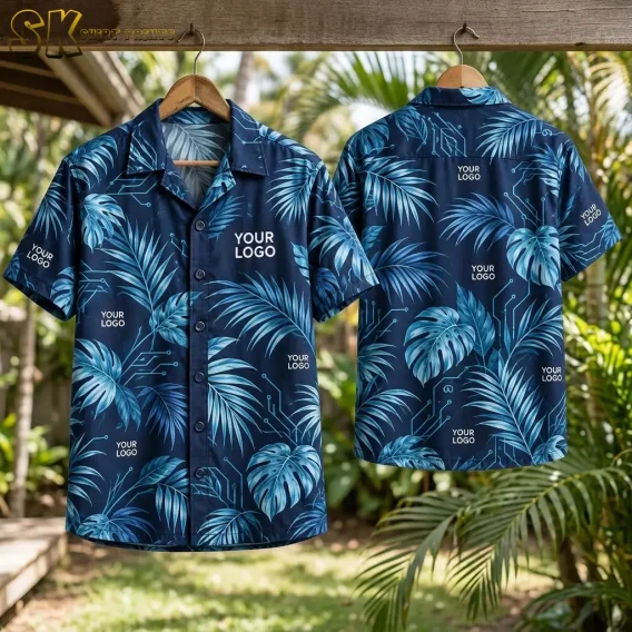 Front and back of the navy tropical Hawaiian shirt hang side by side on wooden hangers against a background of real palm trees, showing the monstera leaf print and logo placement zones in natural daylight.