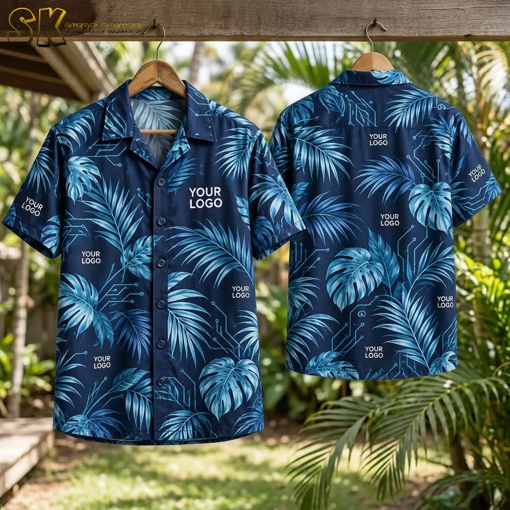 Front and back of the navy tropical Hawaiian shirt hang side by side on wooden hangers against a background of real palm trees, showing the monstera leaf print and logo placement zones in natural daylight.