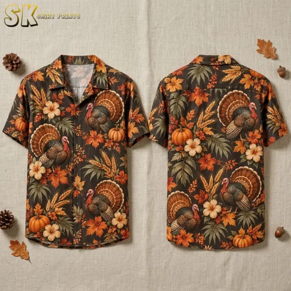 Front and back of a dark brown turkey-print shirt lie on a beige surface surrounded by leaves, pinecones, and acorns.