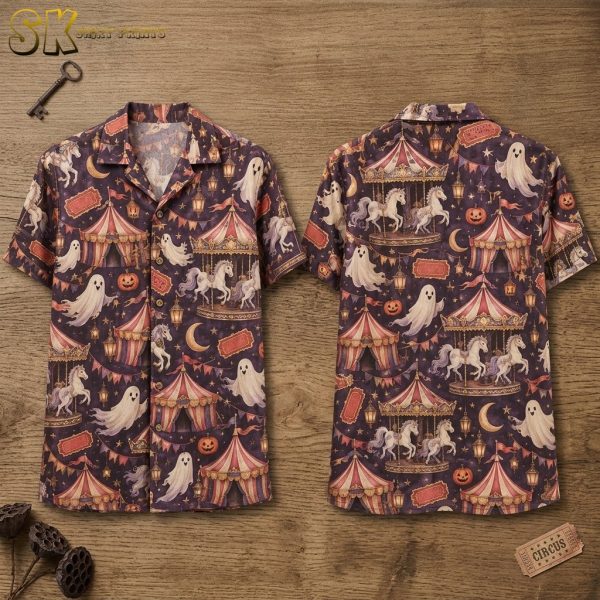 Spooky Carnival Hawaiian Shirt – Carousel Horses, Ghosts & Circus Tents Halloween Design