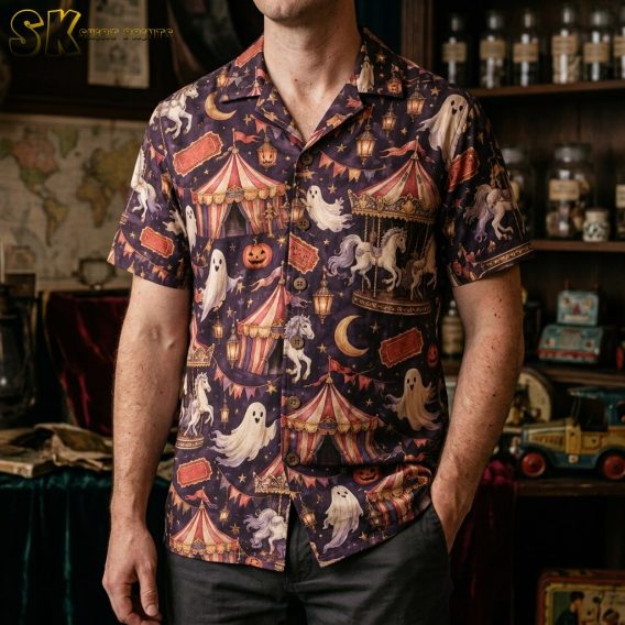 A man wearing the dark purplish-brown short-sleeve shirt, showing how the carousel horses and circus tent motifs fall across the chest and shoulders in a real-world setting.