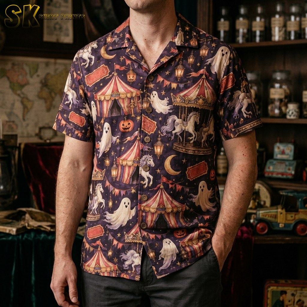 A man wearing the dark purplish-brown short-sleeve shirt, showing how the carousel horses and circus tent motifs fall across the chest and shoulders in a real-world setting.
