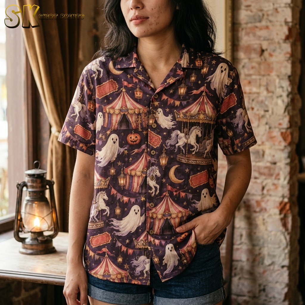 A close-up view of the shirt on a woman, highlighting the detailed painterly illustration of smiling ghosts, hanging lanterns, and pennant banners against the dark purplish-brown fabric.