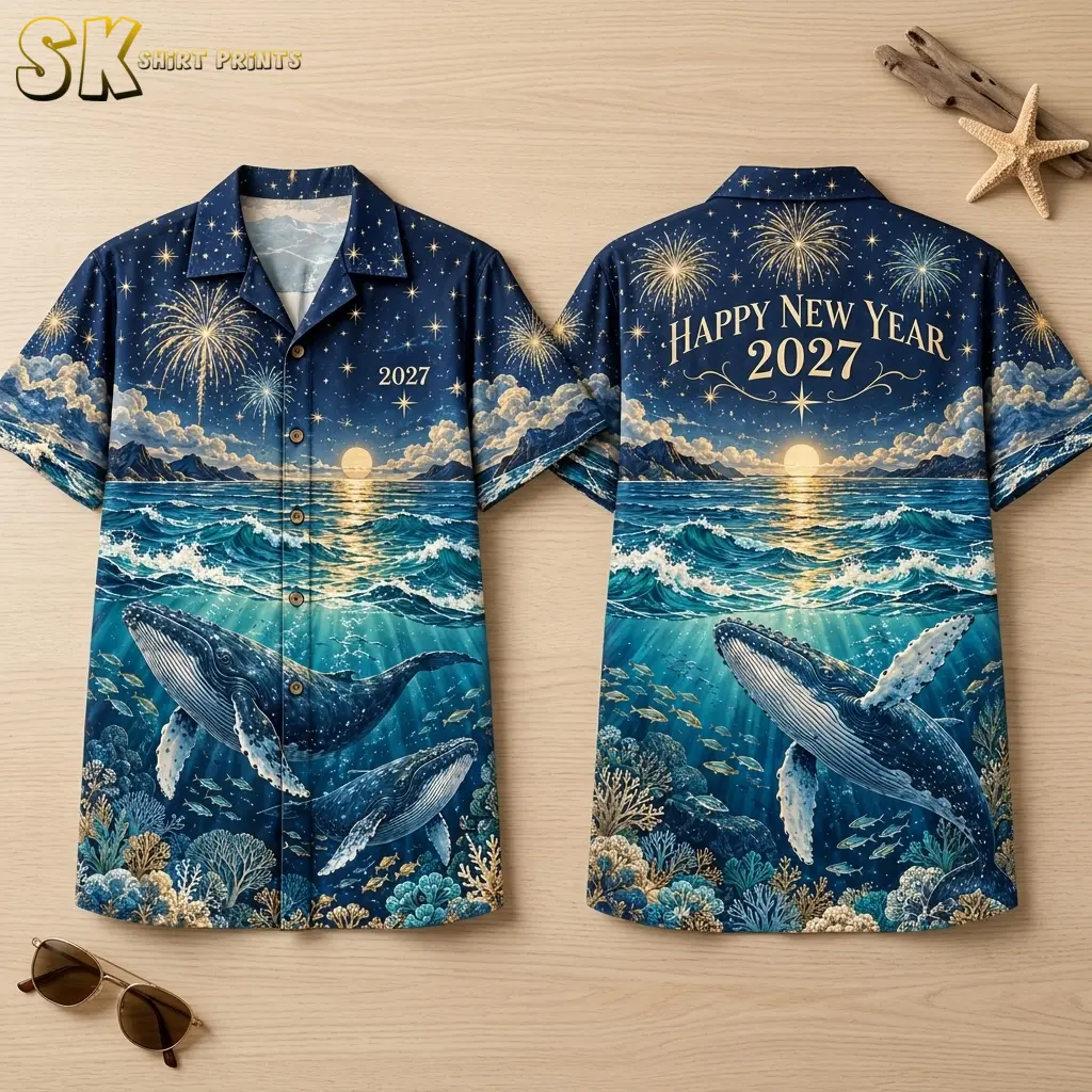 Front and back of a navy whale-print shirt laid flat on light wood, with fireworks and Happy New Year 2027 lettering on the back.