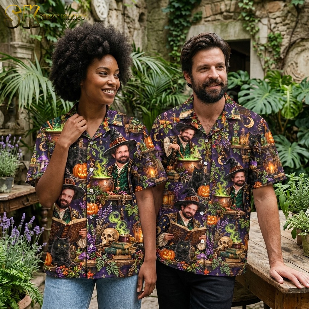 A couple shown together, one wearing the dark purple short-sleeve button-up shirt featuring a repeating wizard, black cat, and jack-o'-lantern pattern.