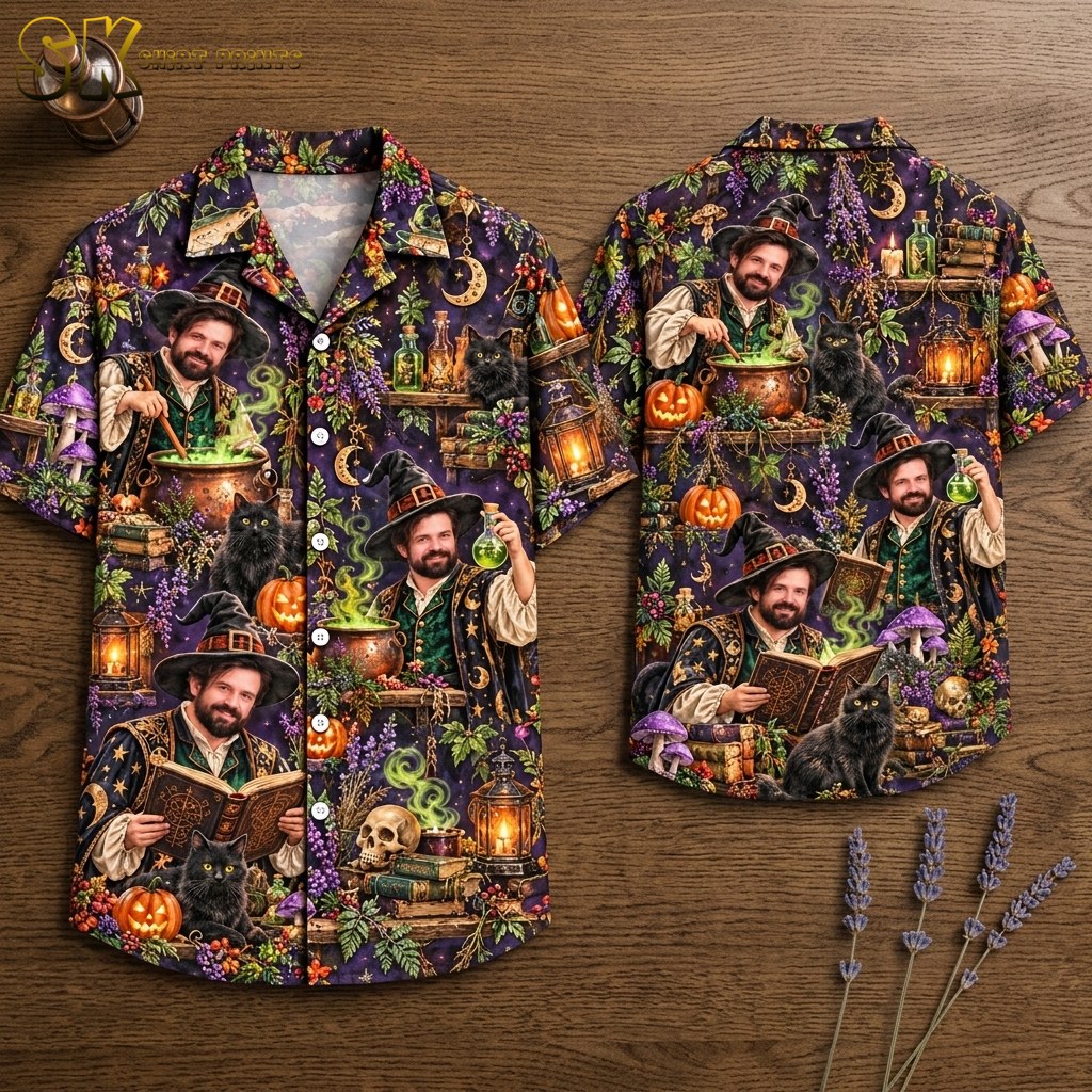 Front and back hanger view of a dark purple short-sleeve button-up shirt covered in an all-over pattern of a bearded wizard in a green vest and black hat, black cats, jack-o'-lanterns, glowing cauldrons, and potion bottles.