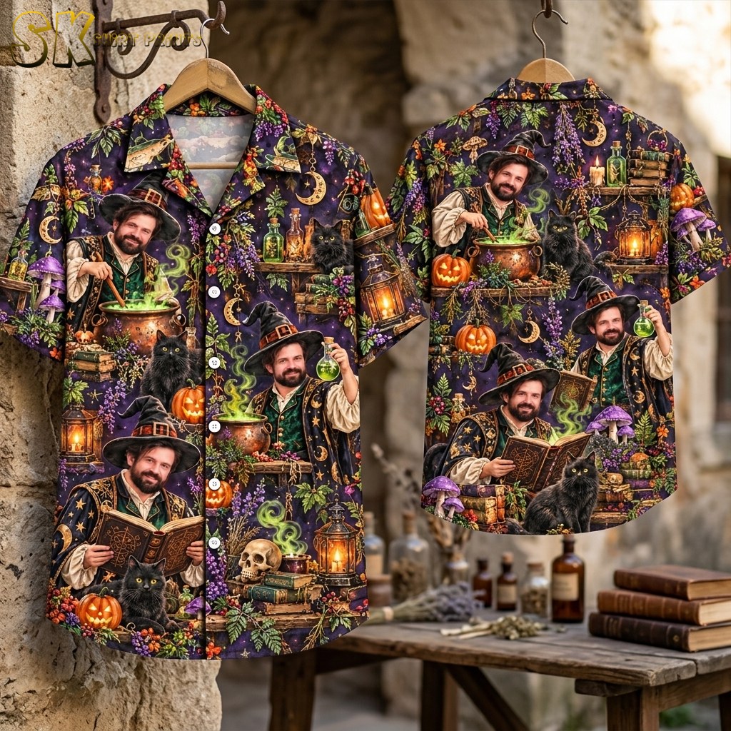 Flat-lay front and back view of the dark purple short-sleeve button-up shirt spread out to show the dense all-over pattern of the wizard in multiple poses alongside black cats, pumpkins, cauldrons, and moon and star ornaments.