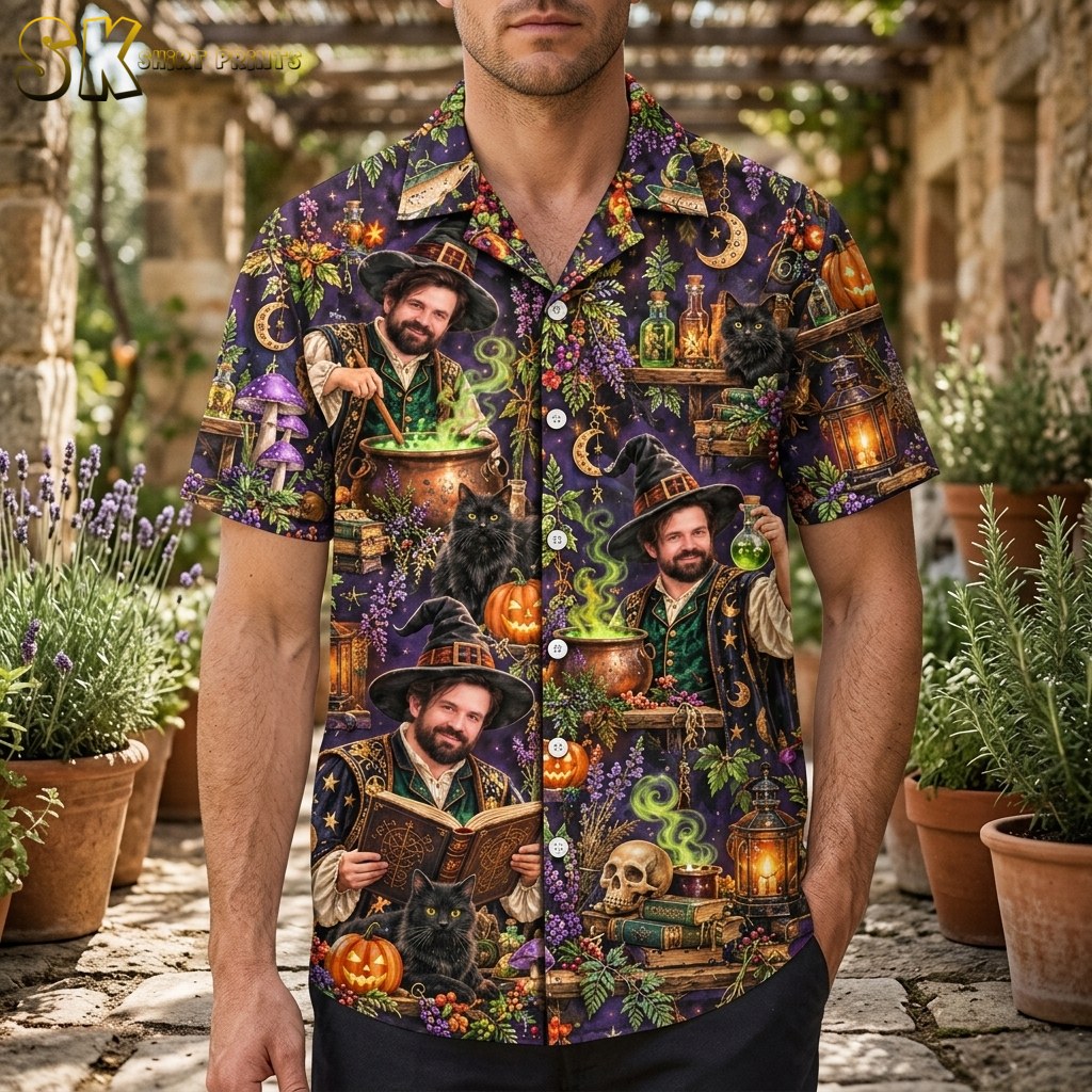 A man wearing a dark purple short-sleeve button-up shirt printed with a repeating pattern of a bearded wizard, black cats, pumpkins, and glowing cauldrons.