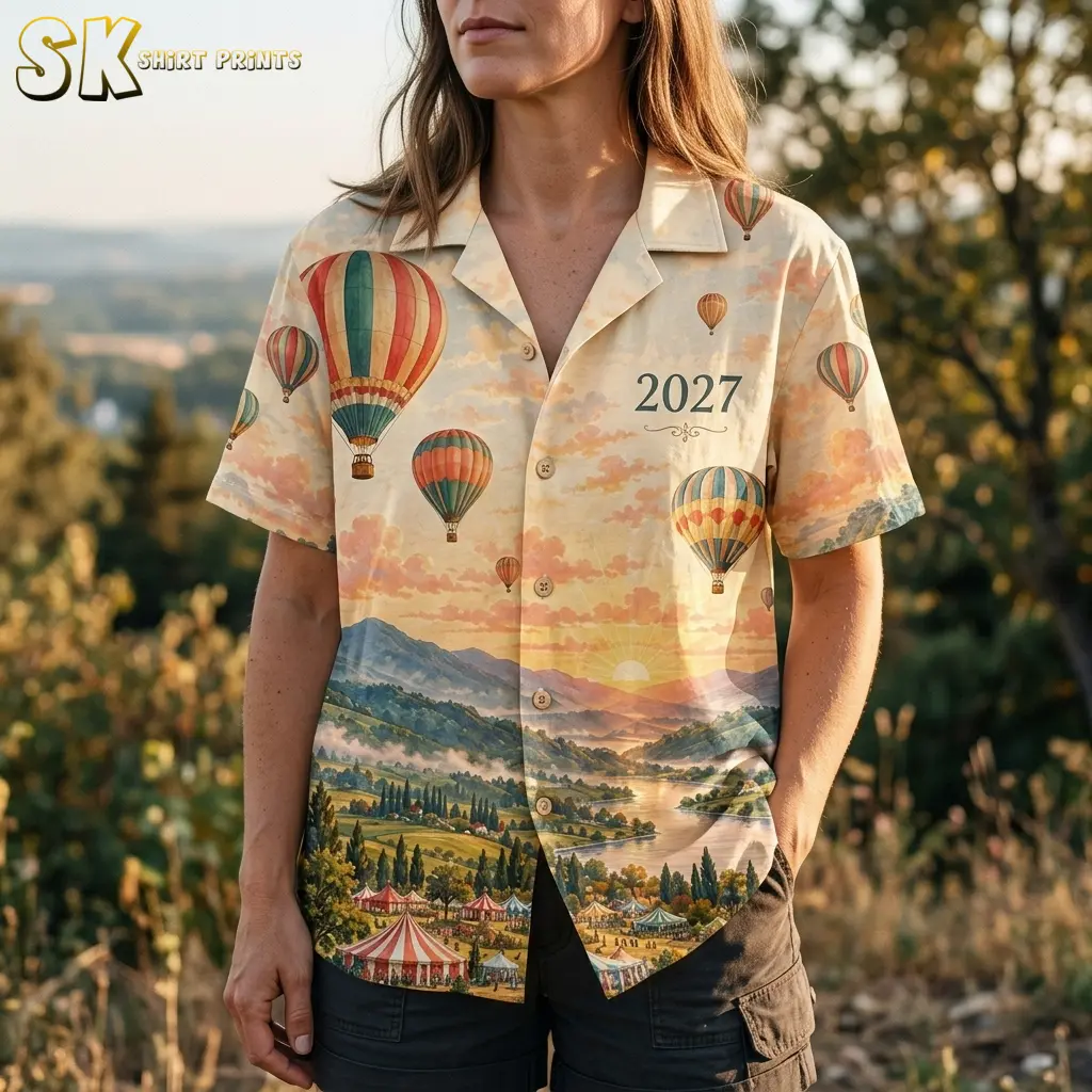 A woman wears a collared balloon-print shirt with 2027 on the chest and a detailed river valley illustration across the lower front.
