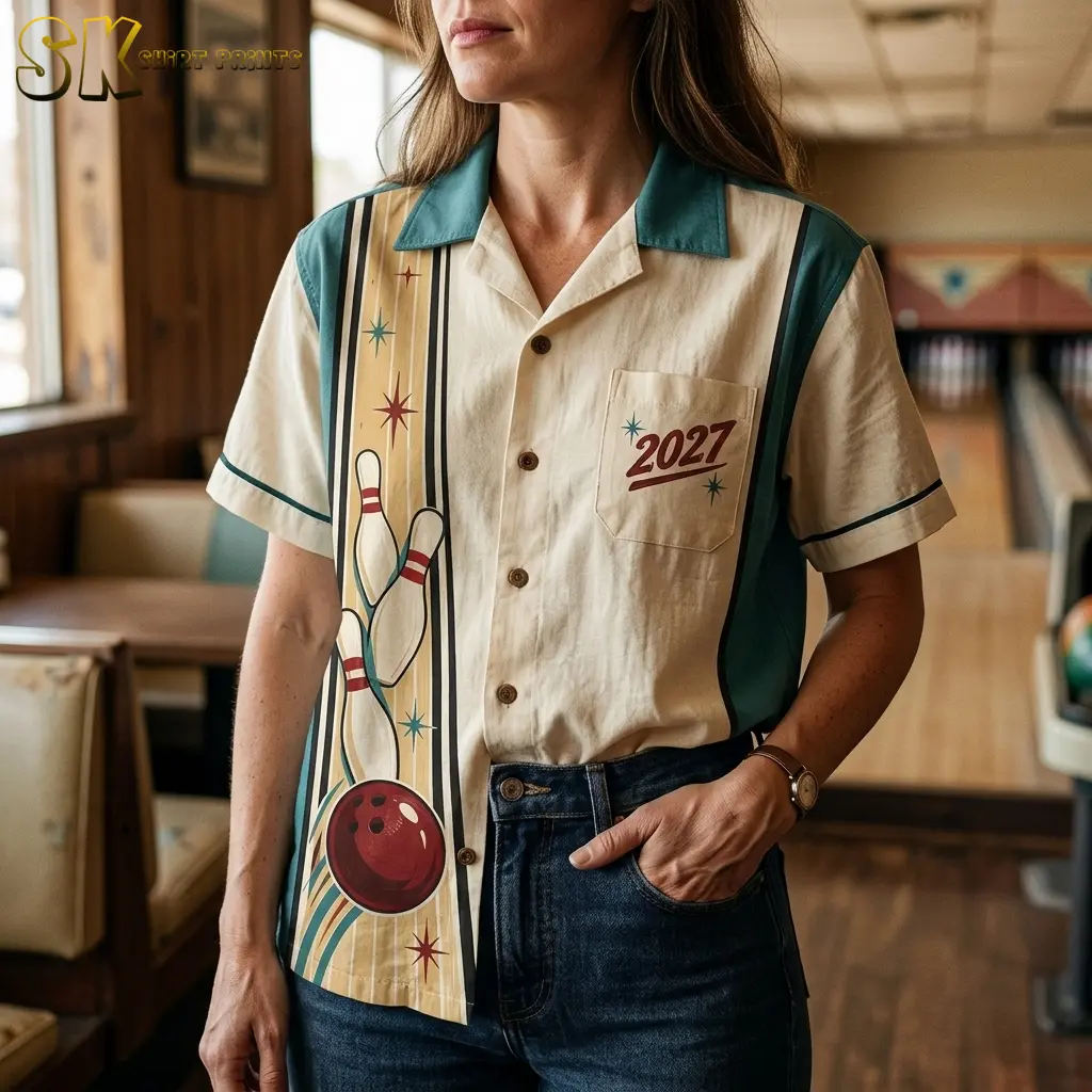A woman wears the bowling-print button-up shirt partially tucked into dark jeans, with the 2027 pocket and teal collar clearly visible.