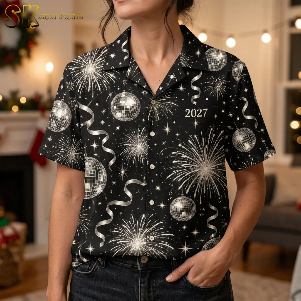 A woman wears the black button-up shirt with dark jeans, showing the 2027 chest text and silver fireworks print in close-up.