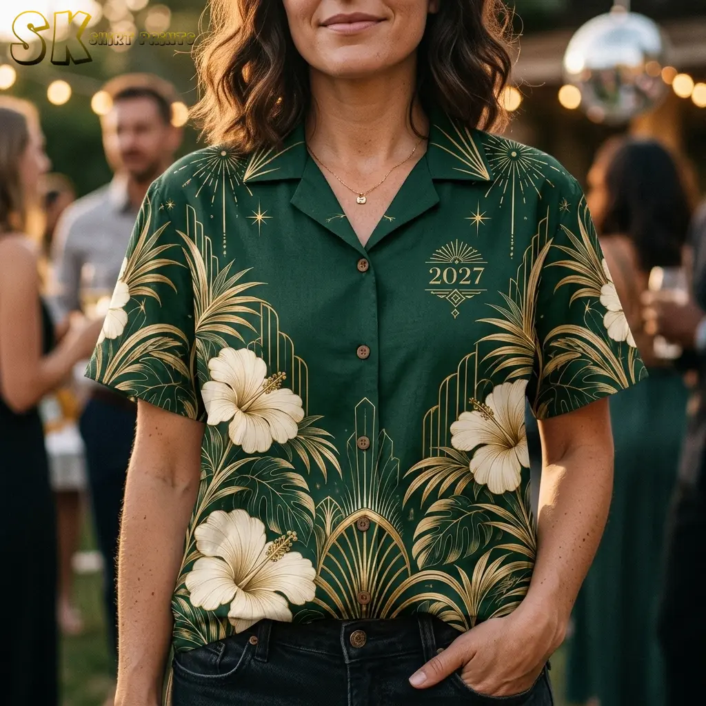 A woman wears the green 2027 button-up with dark jeans, showing its pointed collar, gold linework, and large cream flowers.