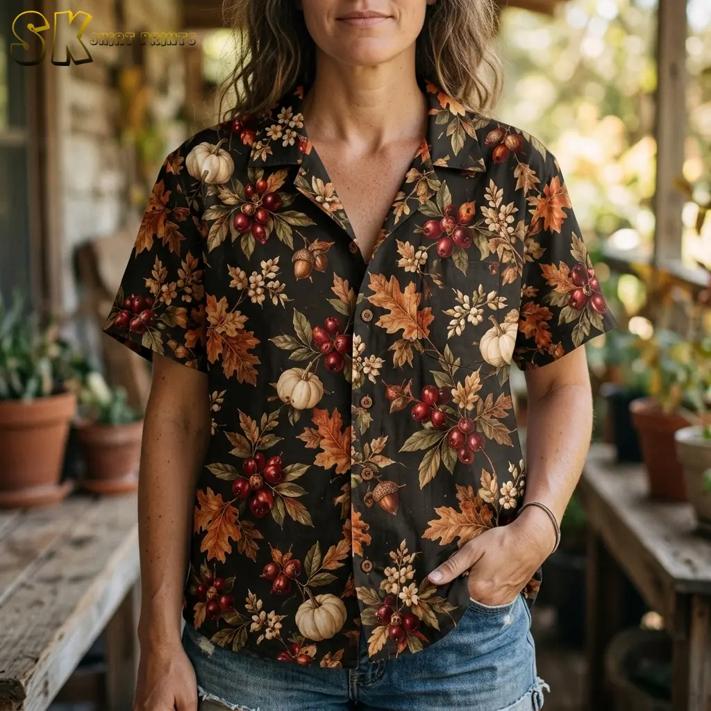 A woman wears a black autumn Hawaiian shirt with red berry clusters and oak leaves, paired with denim shorts on a porch.