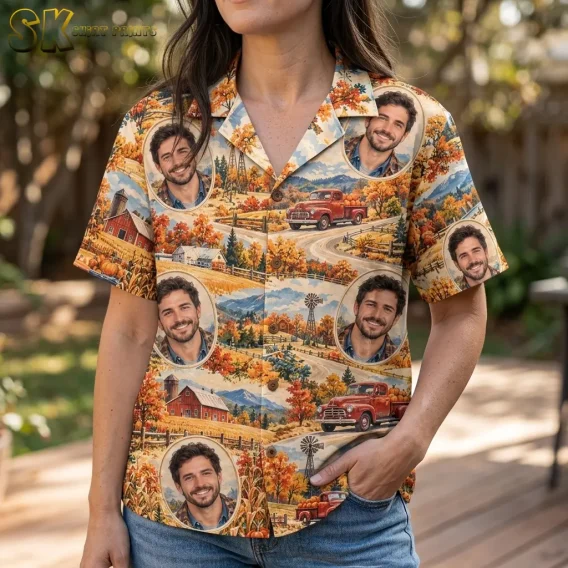 A woman wears an autumn-print button-up shirt with jeans, showing the open collar, brown buttons, and repeated oval portraits.