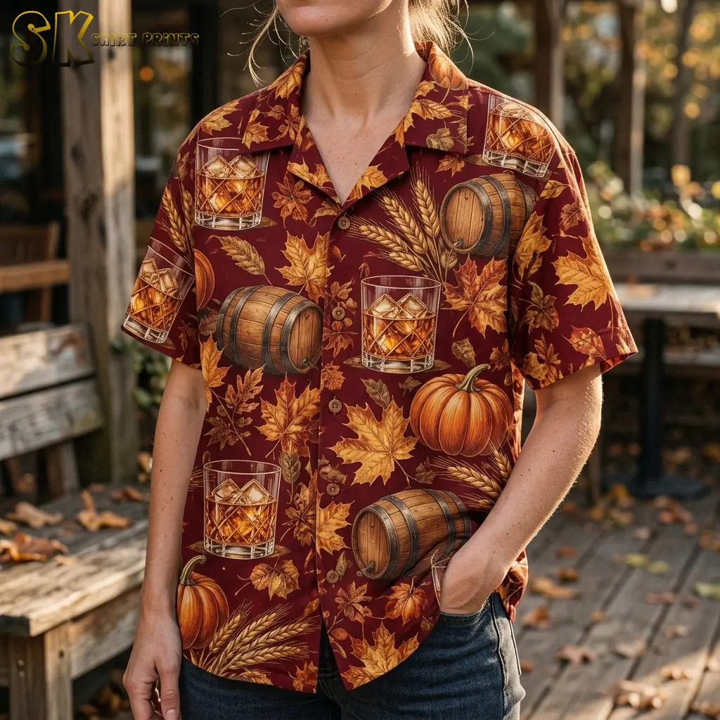 Close-up of a woman wearing a burgundy short-sleeve shirt with golden maple leaves, wooden barrels, and whiskey glass illustrations.