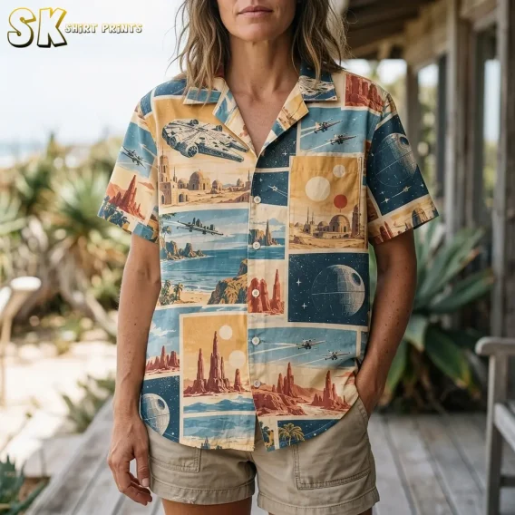 A woman stands on a weathered wooden porch near a sandy beach wearing the sci-fi panel shirt, with the Death Star panel and rocky desert spires clearly visible at center front.