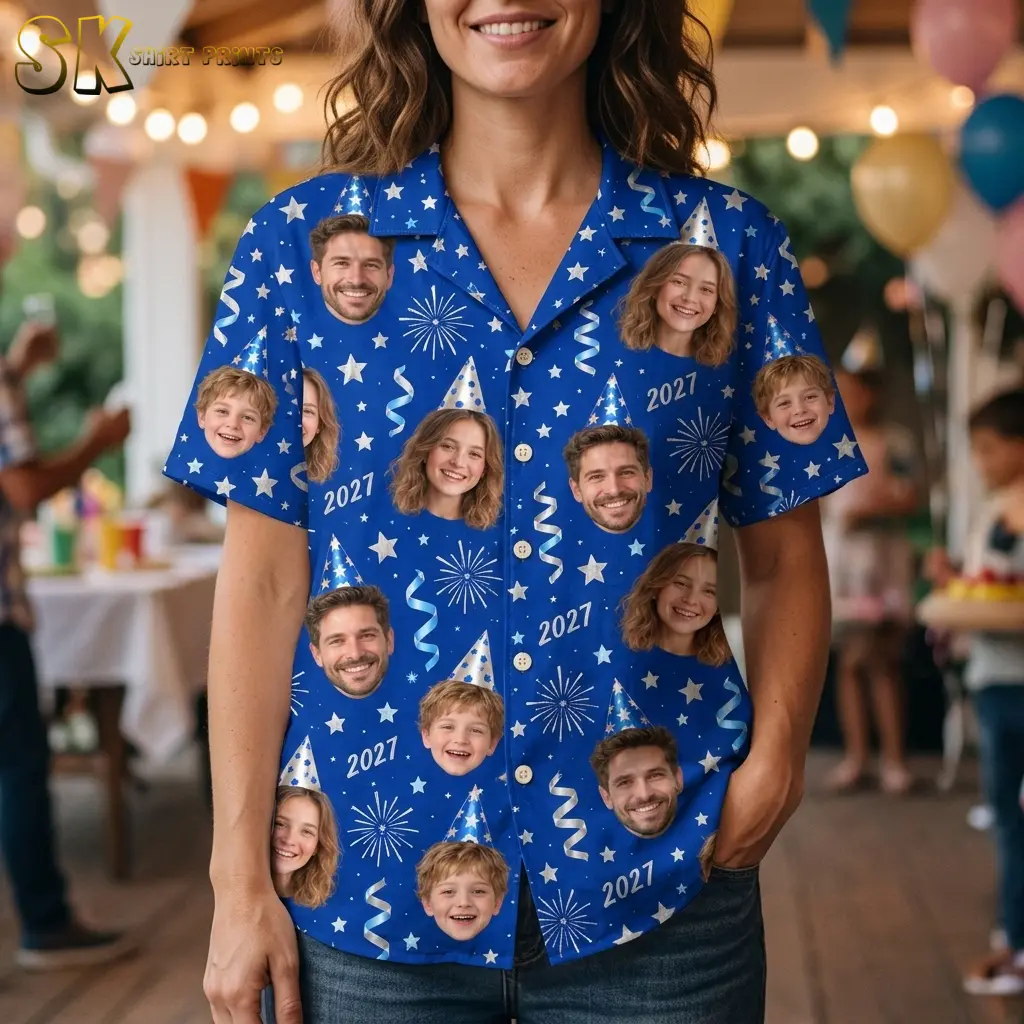 A woman wears a blue button-up shirt with repeated smiling faces, printed party hats, and 2027 text.