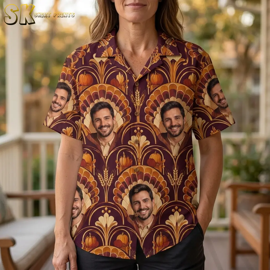 A woman wears a burgundy short-sleeve shirt with a camp collar and large smiling portraits framed by orange and cream fan shapes.