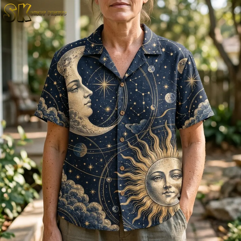 A woman wears a navy celestial button-up, shown close up with a crescent moon across the chest and a sun face near the hem.