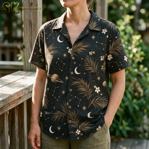A woman wears the black celestial-print shirt beside a wooden railing, showing the collar, buttons, and left chest pocket.