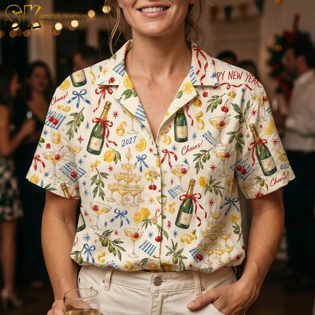 A woman wears the celebration-print shirt tucked into light-colored pants, with champagne towers and red “Cheers!” lettering visible.