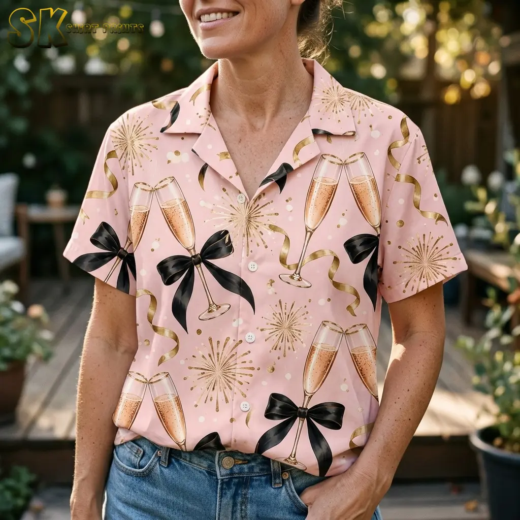 A woman wears the pink champagne and black bow shirt tucked into blue jeans in an outdoor close-up.