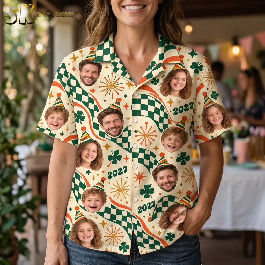 A woman wears a cream button-up shirt with a green checkered collar, party-hat faces, and repeated 2027 text.