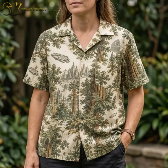 A woman wears a cream button-up shirt with a chest pocket, illustrated trees, spacecraft, and a spherical space station against a leafy background.