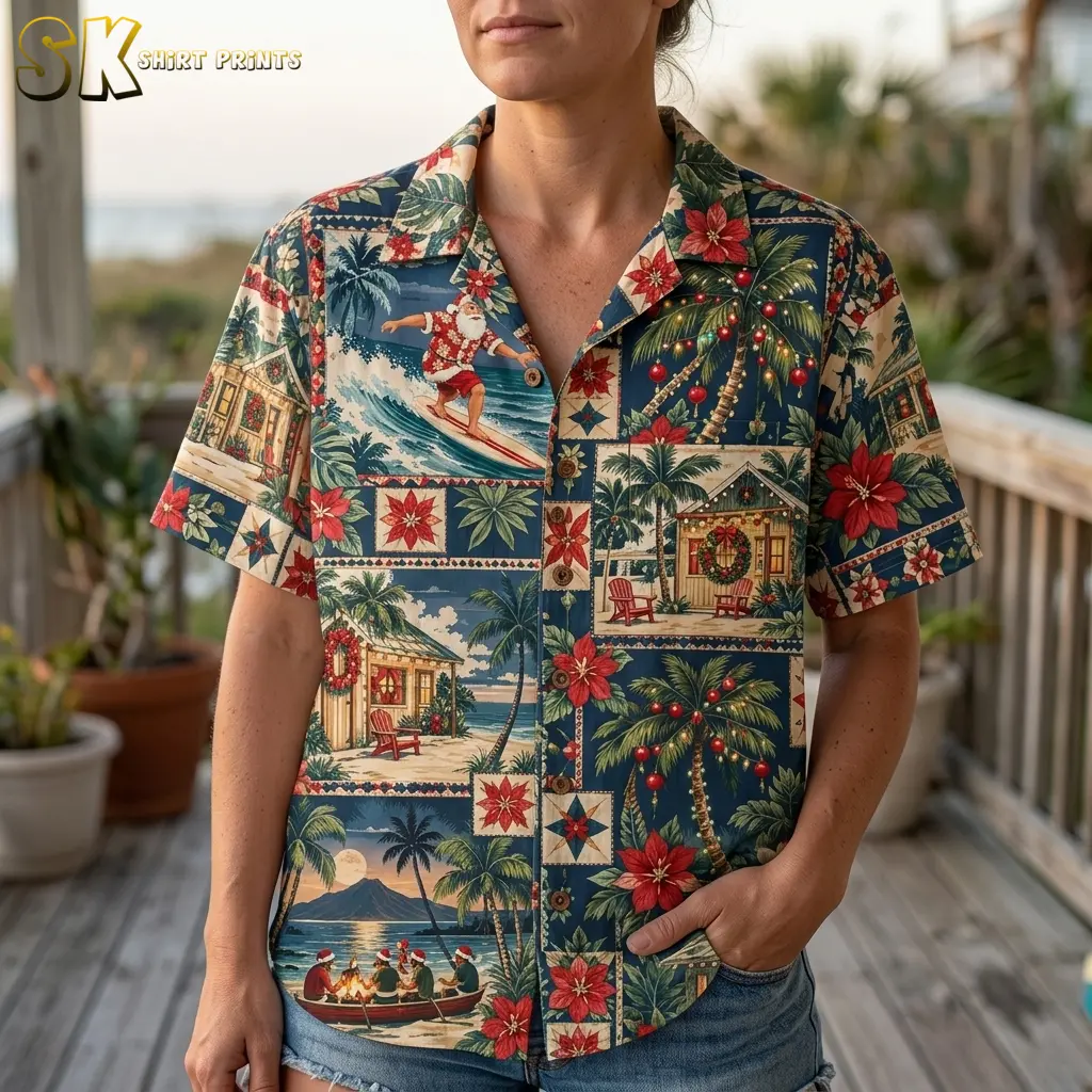 A woman wears a navy Christmas Hawaiian shirt with denim shorts, showing its collar, buttons, and surfing Santa print up close.