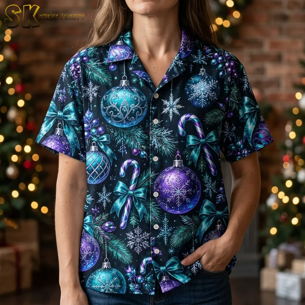 A woman wears a black Christmas Hawaiian shirt with purple ornaments and bow-tied candy canes in front of lit Christmas trees.