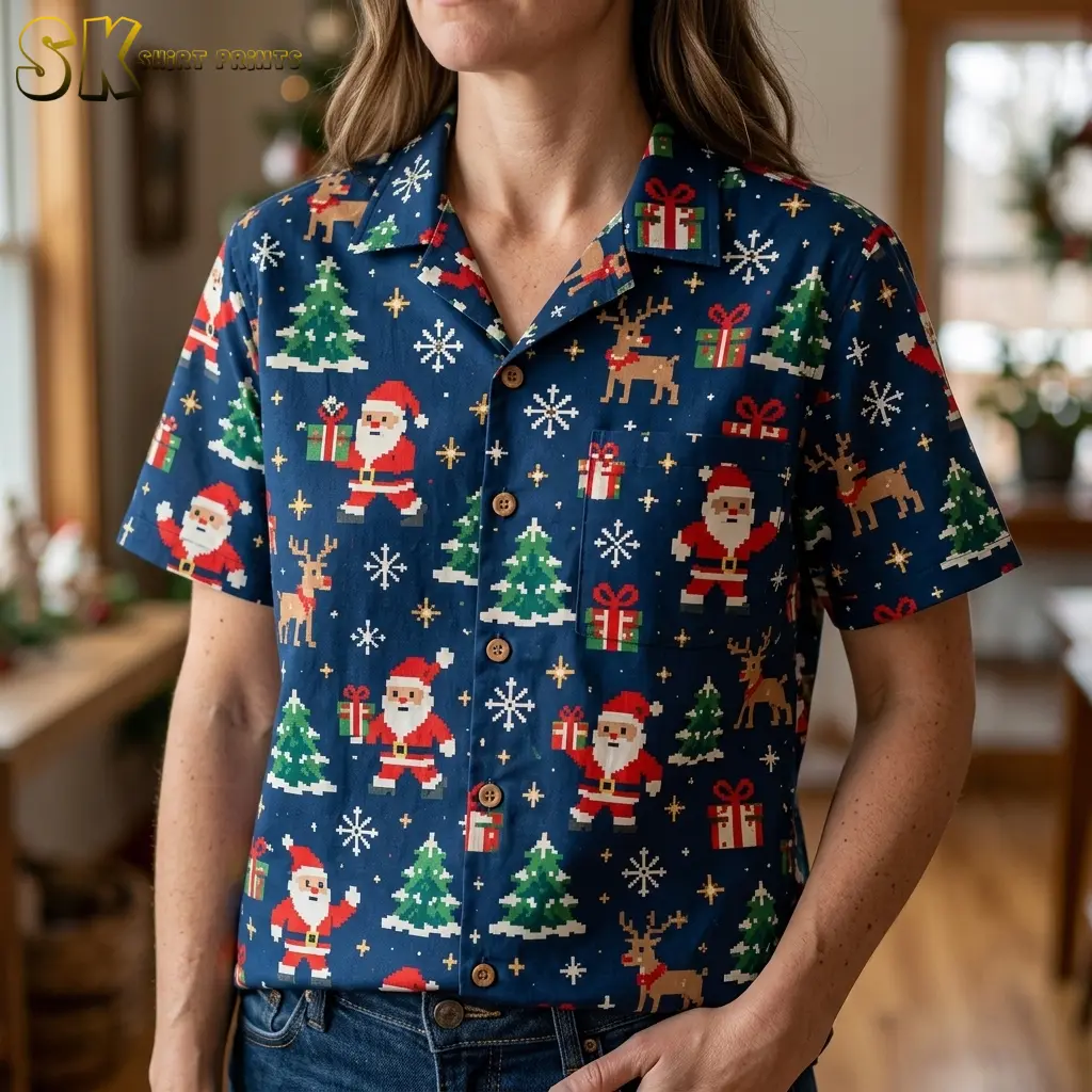 A woman wears a navy Christmas-print shirt with jeans, with a close-up showing the collar, brown buttons, and chest pocket.
